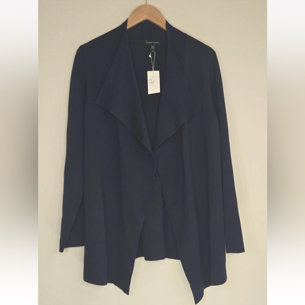 Eileen Fisher Silk Cotton Shaped Cardigan Midnight Size L Womens NEW